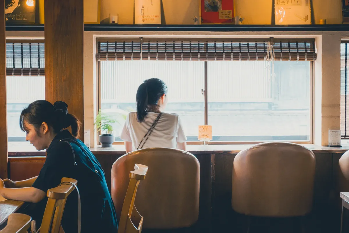 Warm and inviting atmosphere inside a Japanese cafe in Kawagoe, Japan.