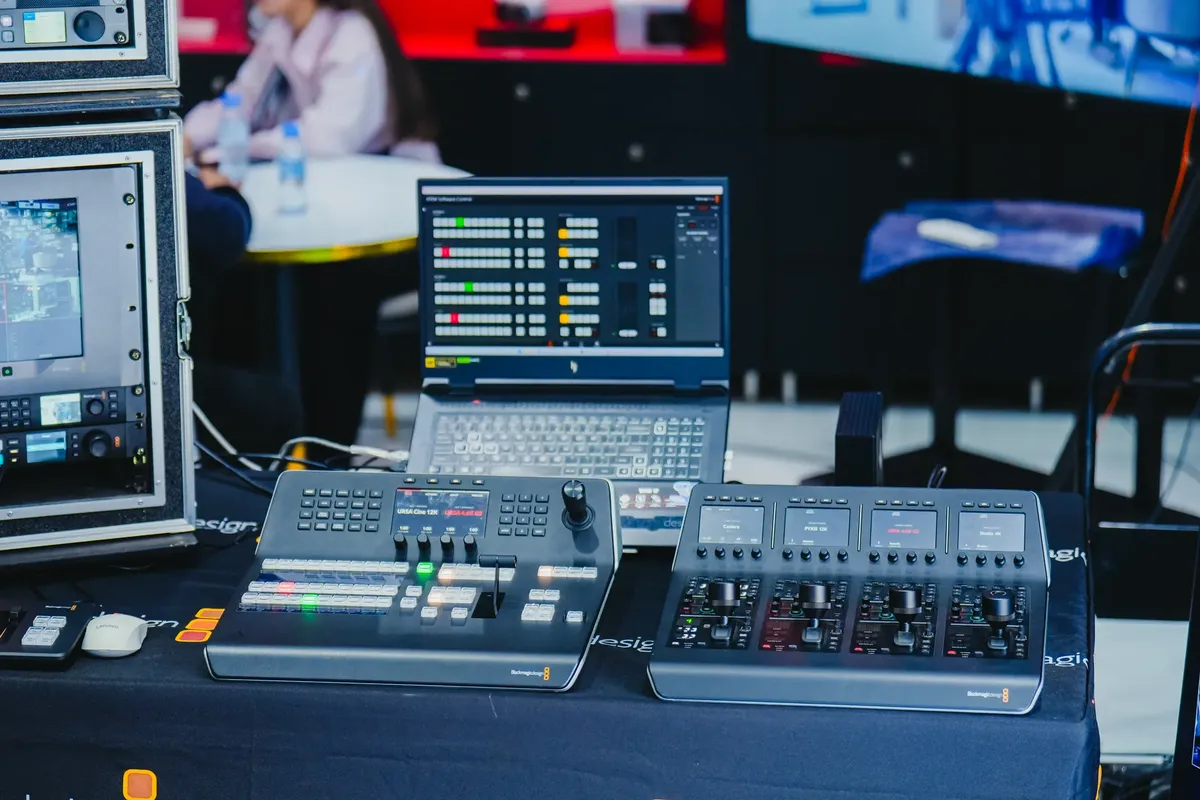 Professional audio-visual editing equipment in a digital studio environment.