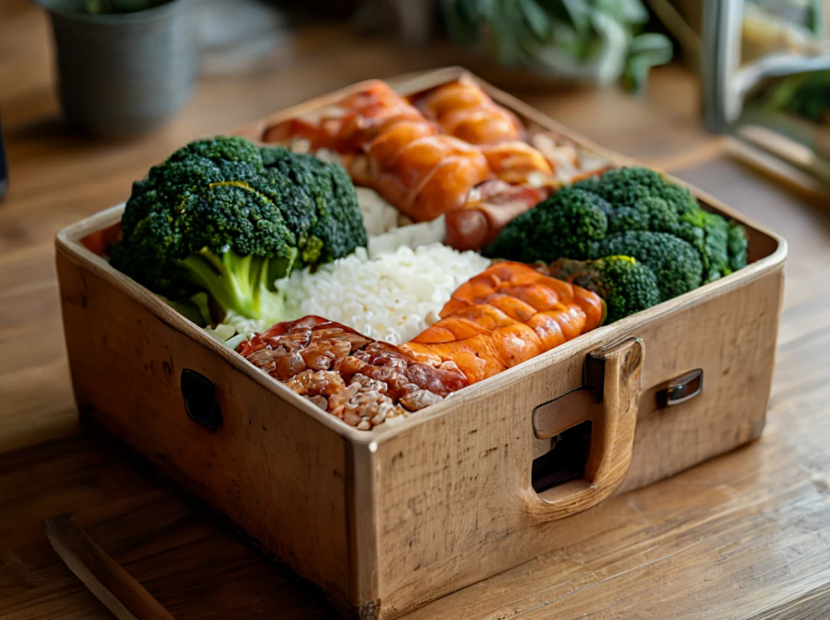 A traditional Japanese bento box with neatly arranged rice, fish, vegetables, and pickles.