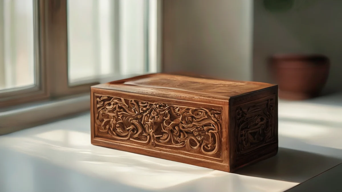 A wooden Takayama box, dark brown, rectangular, with intricate carvings, on a white table under soft light, shallow focus, photorealistic.