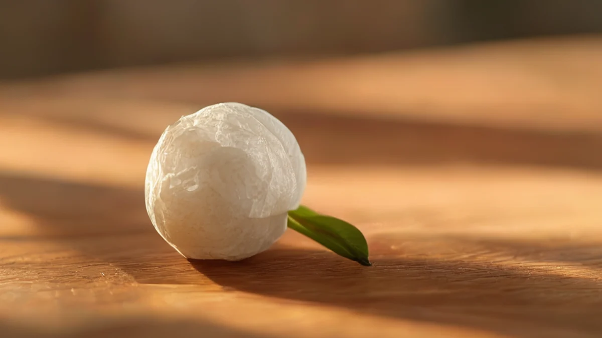 Ein weicher weißer Tsubaki-Bud, leicht runder und texturiert, auf einem Holztisch unter warmem Licht, flache Schärfe, photorealistische Details