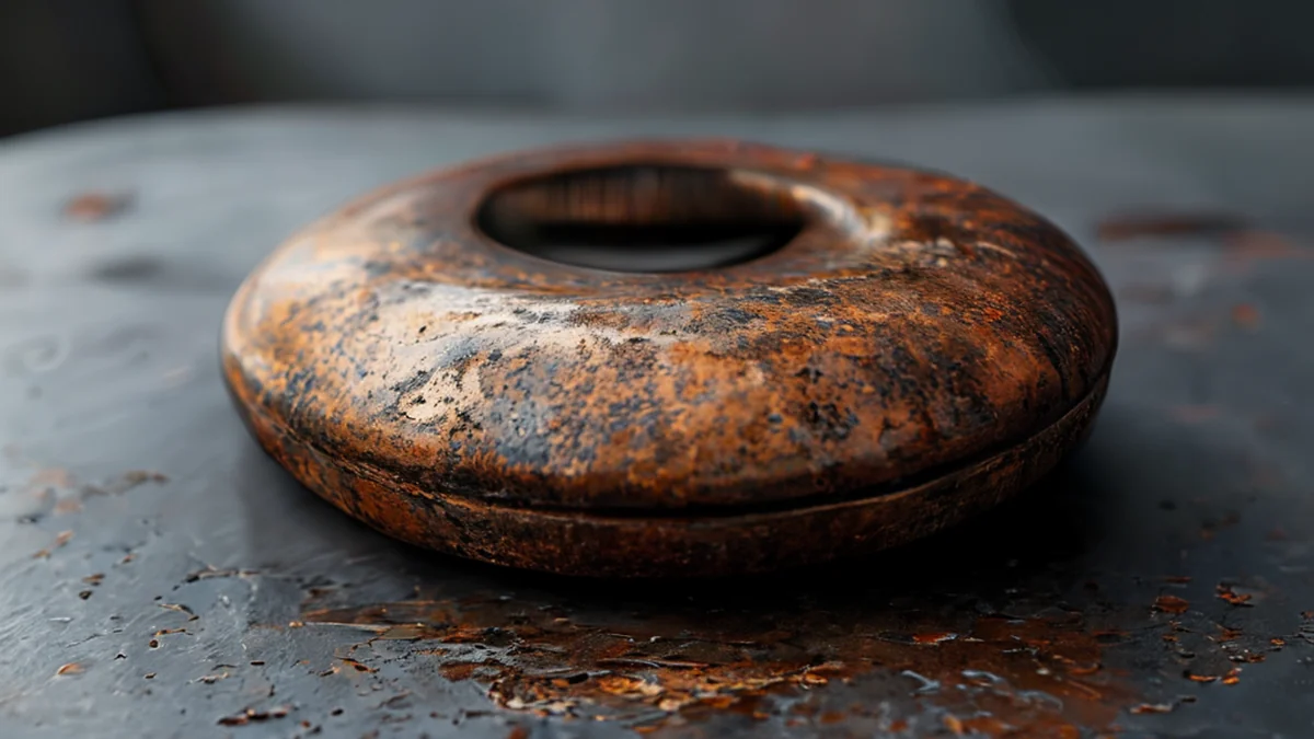 valvola usata, bronzo opaco, forma arrotondata, ruggine e fori visibili, appoggiata su una mensola metallica, box di luce studio pulita, profondità di campo sottile, realismo fotografico, focus acuto, dettagli elevati