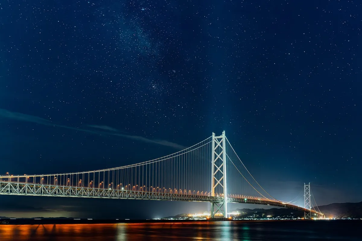 bridge, night view, the akashi-kaikyo bridge, starry sky, milky way, the longest suspension bridge in the world, japan, landscape, bridge, bridge, bridge, bridg