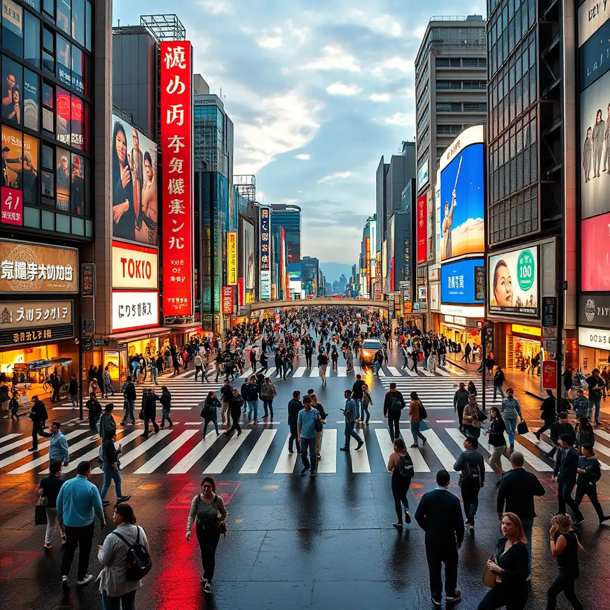 東京渋谷の交差点で、外国観光客が行き交う様子。輝くネオン看板と傘が反射する道路の上を、人々の動きが静かに流れていく。